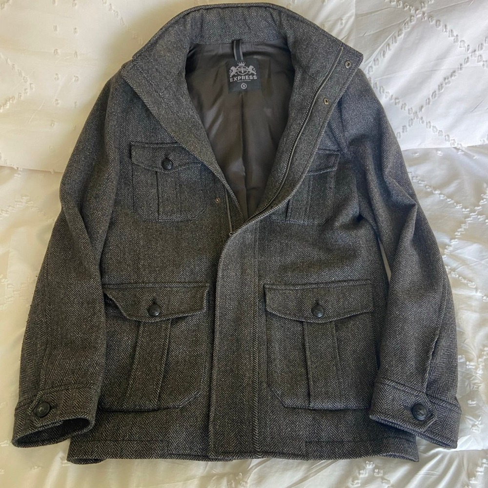 Men’s small express jacket charcoal gray peacoat full zip with snaps